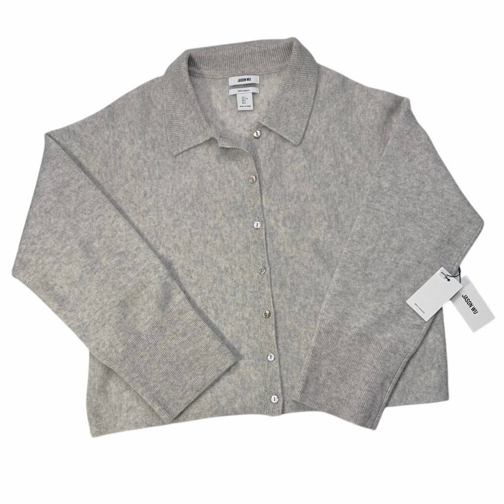 Jason Wu 100% Cashmere Cardigan Sweater Gray Collared Button Front NWT Large